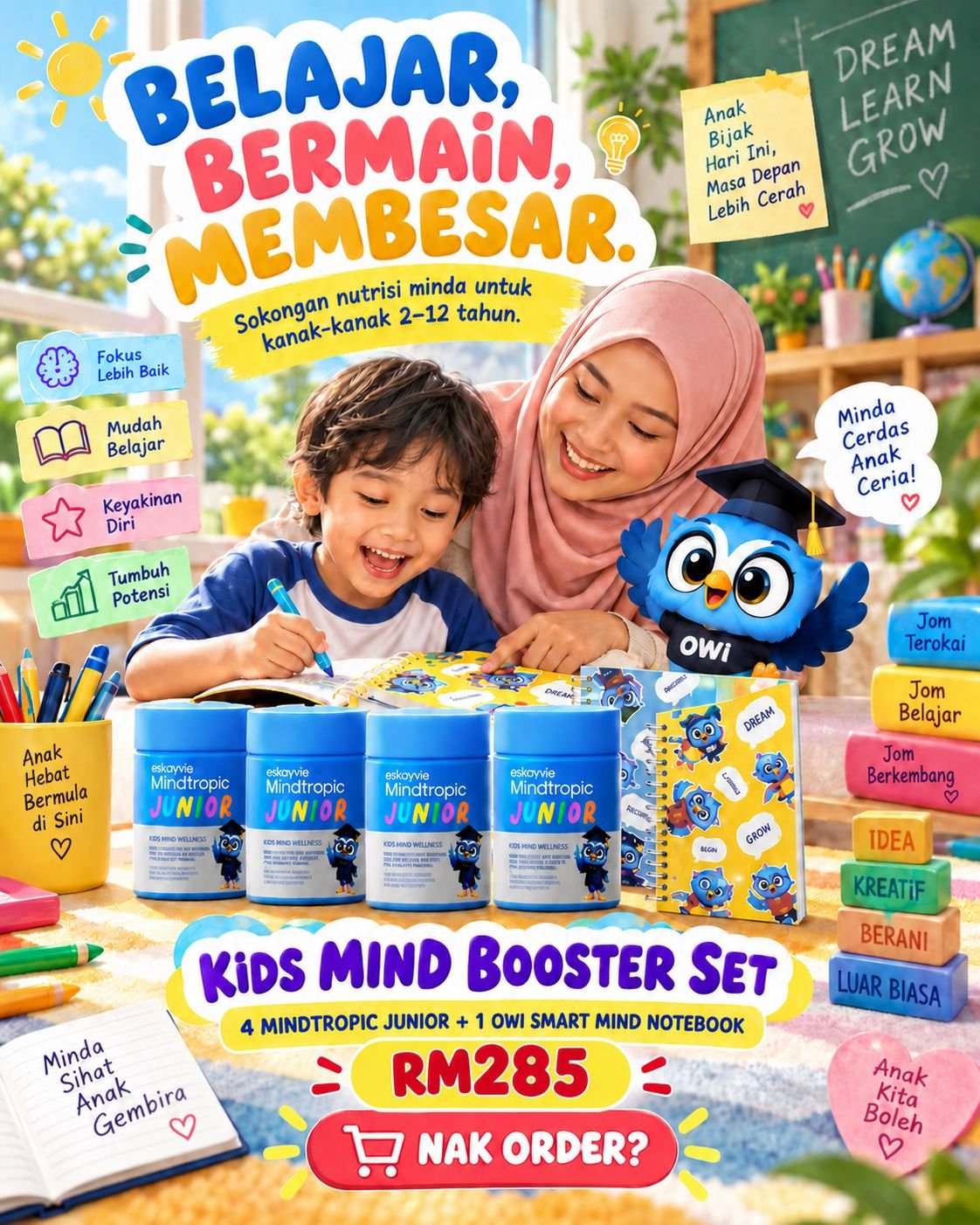 Kids Mind Booster Set RM285: 4 Mindtropic Junior dan 1 Owi Smart Mind Notebook