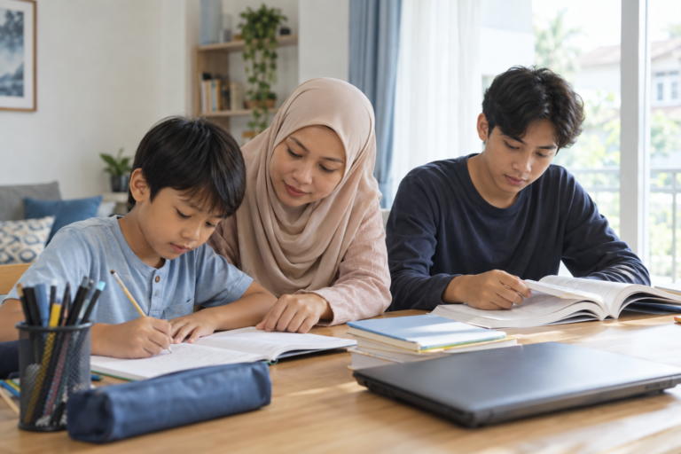 Visual AI suasana ibu menemani anak sekolah rendah dan remaja belajar di rumah.