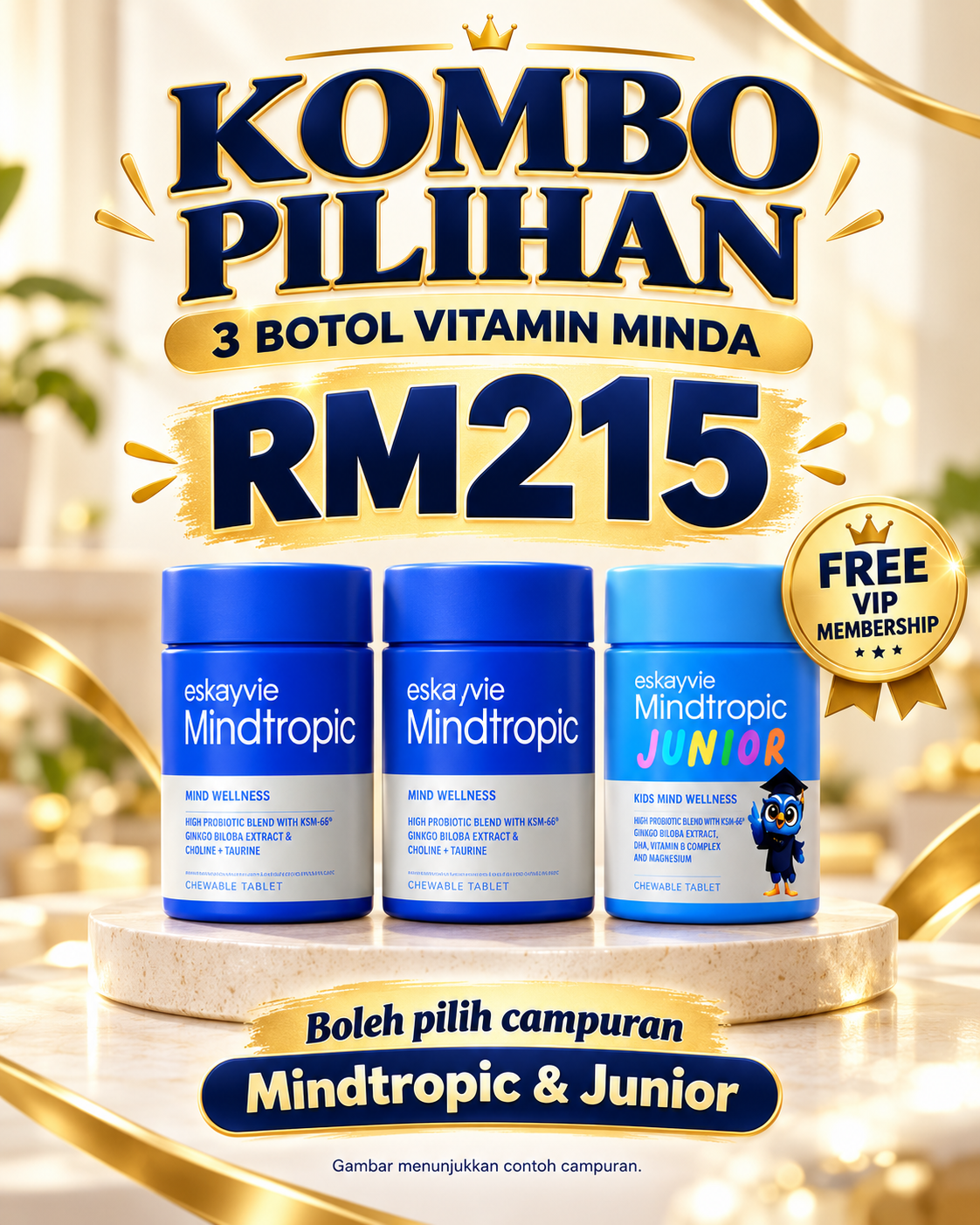 Kombo Pilihan RM215: 3 botol pilihan campuran Mindtropic dan Junior, FREE VIP Membership.