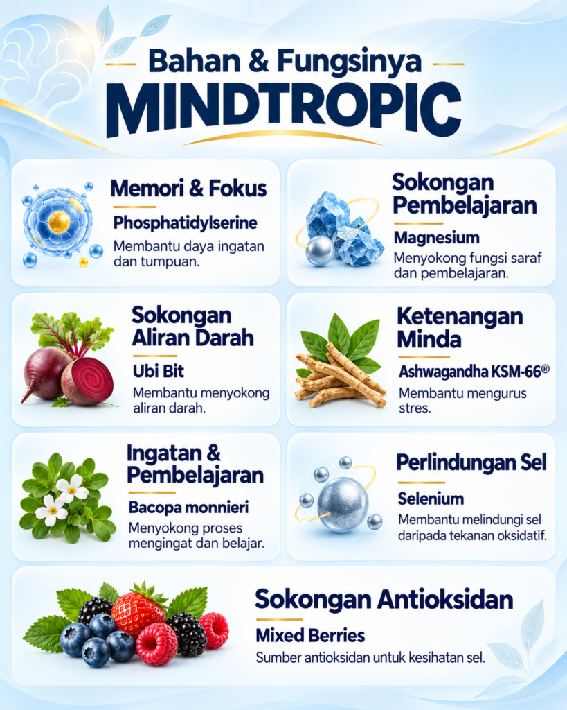Bahan dan fungsi Mindtropic: Phosphatidylserine, Magnesium, Ubi Bit, Ashwagandha, Bacopa monnieri, Selenium dan Mixed Berries.